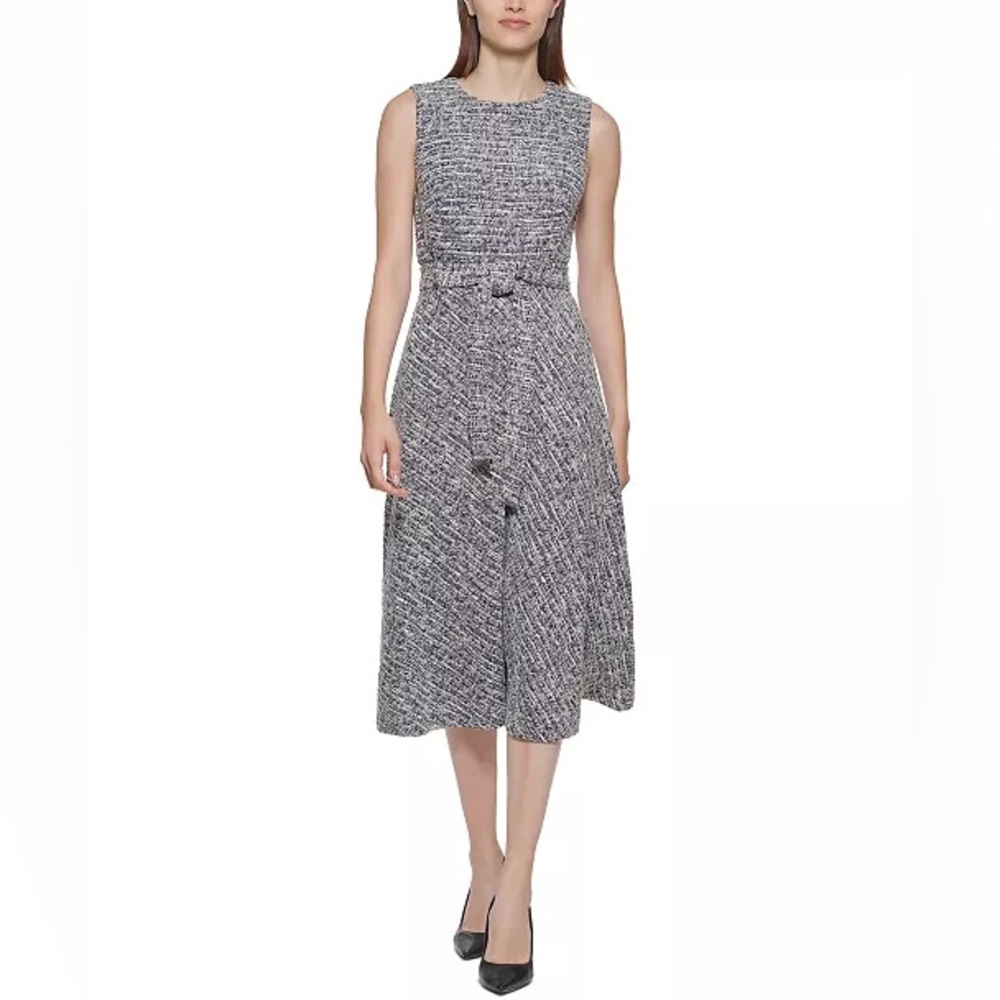 NWT Calvin Klein Tweed Belted A-Line Midi Dress Size 2